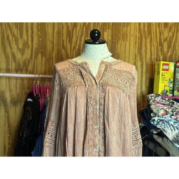 Easel Delaware Button Down Mineral Washed Long Tunic Pink Rose NWT Sz M - Picture 3 of 10